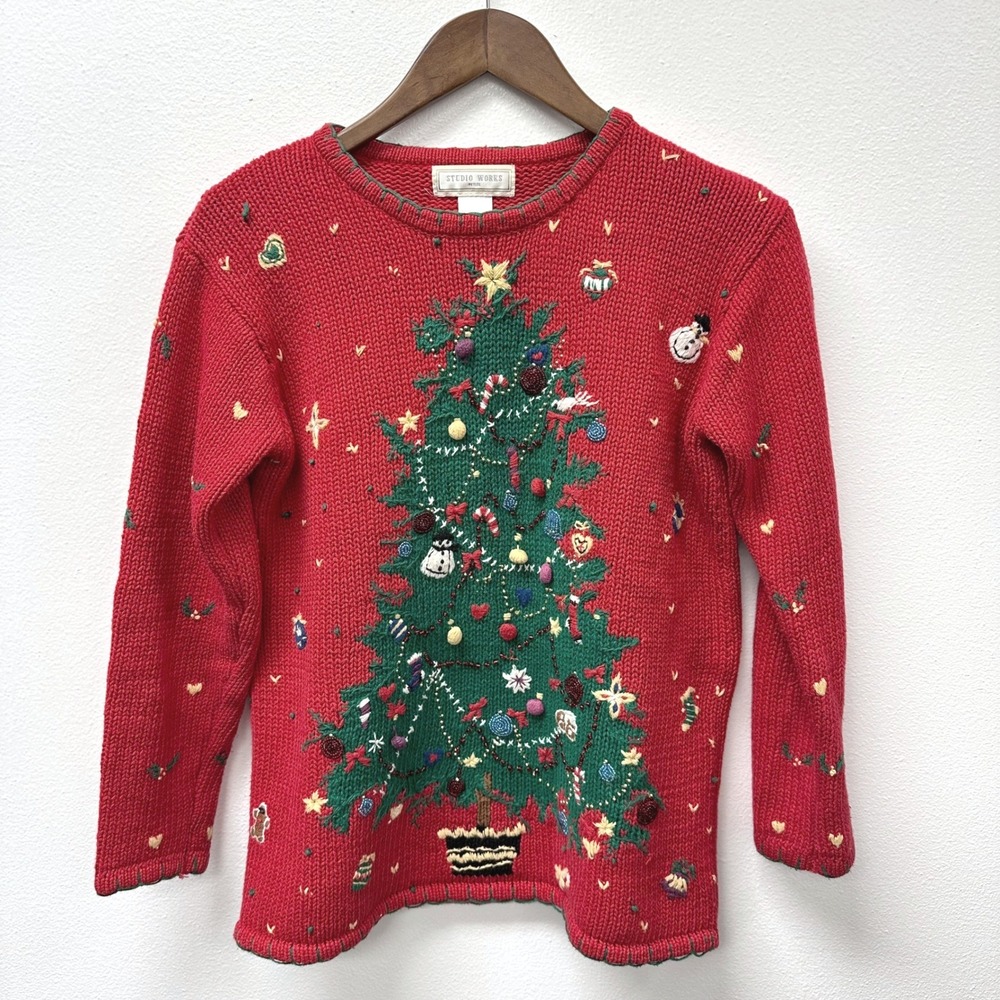 Vintage Studio Works Embroidered Knit Christmas Tree‎ Sweater Red P